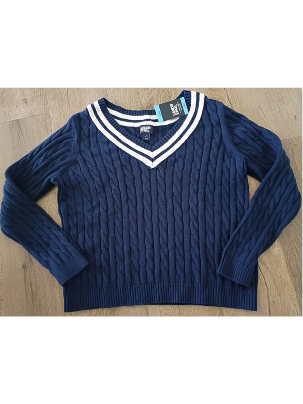 LANDS END-Cable Knit Navy White-Sz L- 100% Cotton-NEW-V Neck Preppy Classic